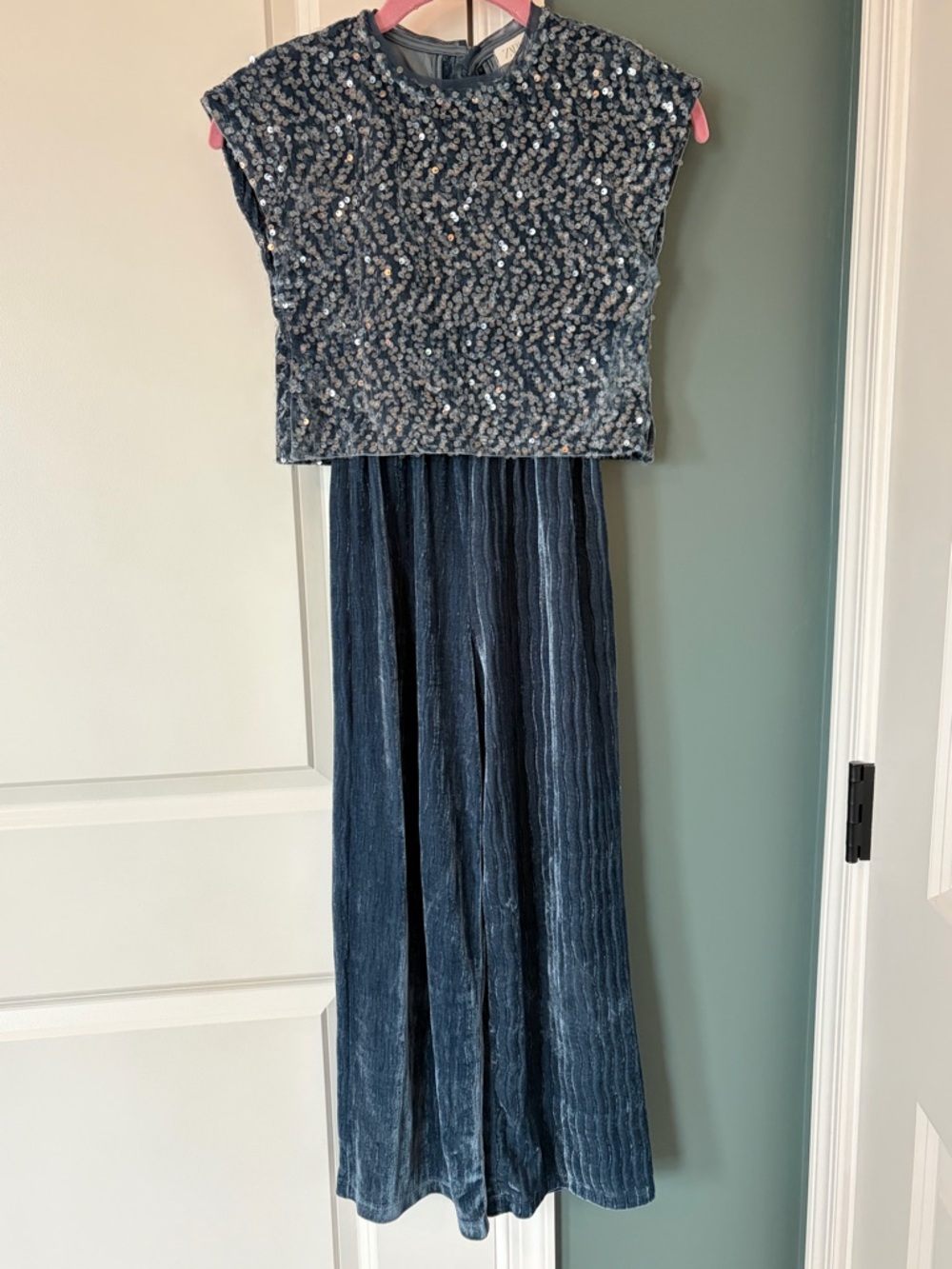 Zara Navy Sequin Top with Velvet Trim